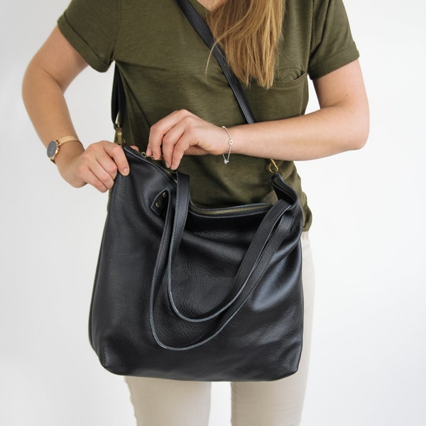 BIG BLACK Shoulder Bag, Leather Shopper Bag for Woman - Black Tote Bag - Large Crossbody Purse - Leather Handbag Brass Color Hardware
