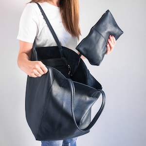 OVERSIZE SHOPPER Beuteltasche in Navyblau - Große Leder Tragetasche - Große Schultertasche - Reisetasche - Einkaufstasche - Oversized Shopper - Alltags Geldbörse
