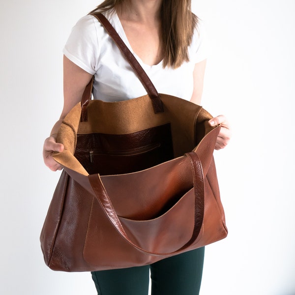 GRAND sac à bandoulière, sac en cuir oversize marron COGNAC, grand fourre-tout en cuir, sac à main en cuir pour femme de tous les jours, grand sac à bandoulière, sac à main marron