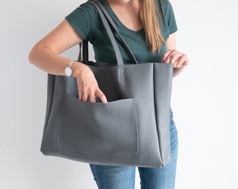 Grand sac à bandoulière gris, sac en cuir oversize, grand fourre-tout en cuir de tous les jours, sac à main en cuir pour femme, grand sac à bandoulière, sac à main gris foncé