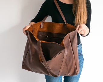 Brown LARGE SHOULDER BAG, Oversize Leather Bag, Large Everyday Leather Tote, Leather Women Purse, Big Shoulder Bag, Cognac Brown Handbag