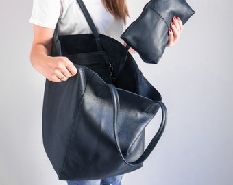 Navy Blue OVERSIZE SHOPPER Bag - Large Leather Tote Bag - Big Shoulder Bag - Travel Bag - Shopping Bag - Oversized Tote - Everyday Purse
