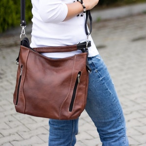 LEATHER SHOULDER Bag - HOBO Leather Bag - Everyday Crossbody Leather Purse - Cognac Brown Leather Handbag