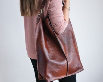 Large BROWN Leather HOBO Bag, Oversized Shopper Bag - COGNAC Brown Bag - Large Purse - Brown Leather Handbag - Everyday bag for women