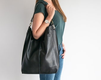 Large BLACK Leather HOBO Bag, Oversized Shopper Bag - BLACK Bag - Large Purse - Black Leather Handbag - Everyday bag for women