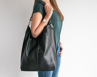 Große schwarze HOBO Tasche aus Leder, Schwarze Tasche - Große Geldbörse - Schwarze Lederhandtasche - Alltagstasche für Frauen