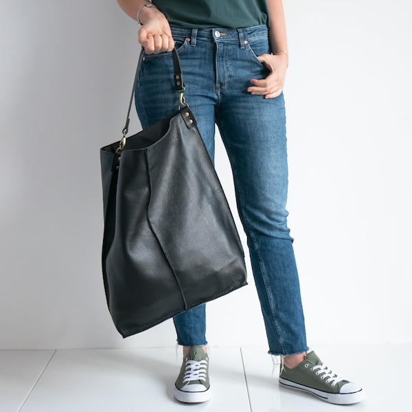 Oversized BLACK Leather HOBO Bag, Large Shopper Bag - BIG Black Bag - Large Purse - Black Leather Handbag - Everyday bag for women