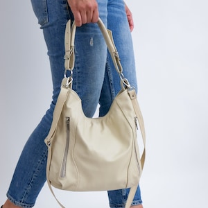 Beigefarbene LEDER HOBO Tasche - Schultertasche - Crossbody Geldbörse für Damen - Jeden Tag Lederhandtasche