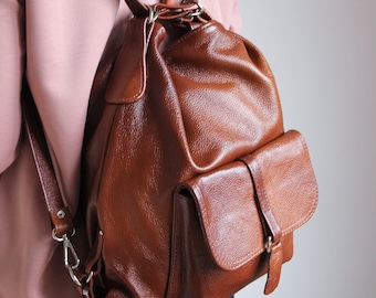 COGNAC BROWN Leather BACKPACK - Leather Rucksack - Backpack Purse - Leather Tote Bag - Laptop Backpack - Leather Handbag - School Bag