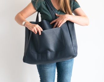 Navy OVERSIZE Leather Bag, Shopping Bag, Big TOTE, Leather Purse, Shoulder Bag, Leather Bag, Everyday Tote, Extra Large Tote, Navy Bag