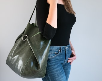 Large GREEN OVERSIZE Tote Bag - Dark Green Leather SHOPPER Bag - Oversized Tote - Big Shoulder Bag - Shopping Bag - Everyday Purse