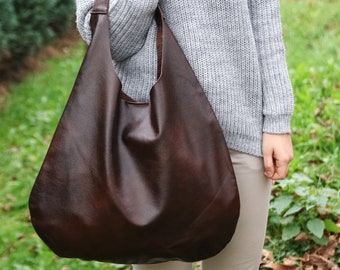 BROWN Oversize Shoulder Bag - LEATHER HOBO Bag - Everyday Leather Purse - Soft Leather Handbag for Women