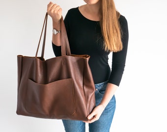 Brown OVERSIZE Leather TOTE Bag, Shopping Bag, Leather Purse, Big Shoulder Bag, Leather Everyday Tote, Extra Large Tote, Cognac Brown
