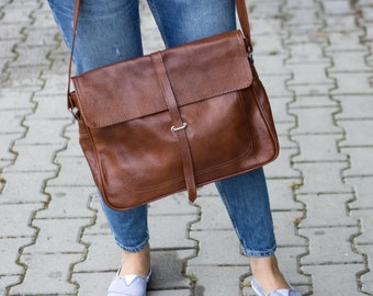 Large Messenger Bag, Leather Briefcase Bag, Laptop Leather Bag, Shoulder Bag, Crossbody Leather Bag Leather Satchel, Cognac Messenger