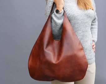 Sac fourre-tout en cuir cognac - Sac à bandoulière oversize MARRON - Porte-monnaie en cuir de tous les jours - Sac à main en cuir souple pour femme