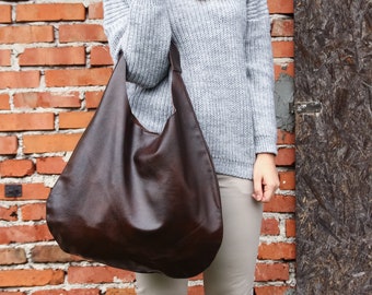 LEATHER HOBO Bag - BROWN Oversize Shoulder Bag - Everyday Leather Purse - Soft Leather Handbag for Women