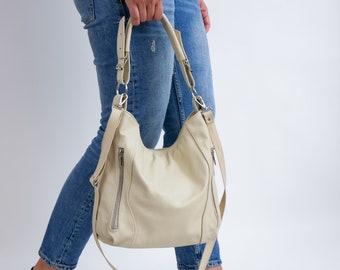 Beige LEATHER HOBO Bag - SHOULDER Bag - Crossbody Purse for Woman - Everyday Leather Handbag