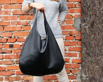 BLACK Oversize Shoulder Bag - LEATHER HOBO Bag - Everyday Leather Purse - Soft Leather Handbag for Women
