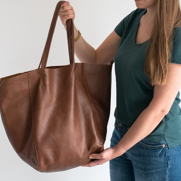 Large BROWN OVERSIZE Tote Bag - Brown Leather SHOPPER Bag - Oversized Tote Bag, Big Shoulder Bag, Distressed Leather Bag - Everyday Purse