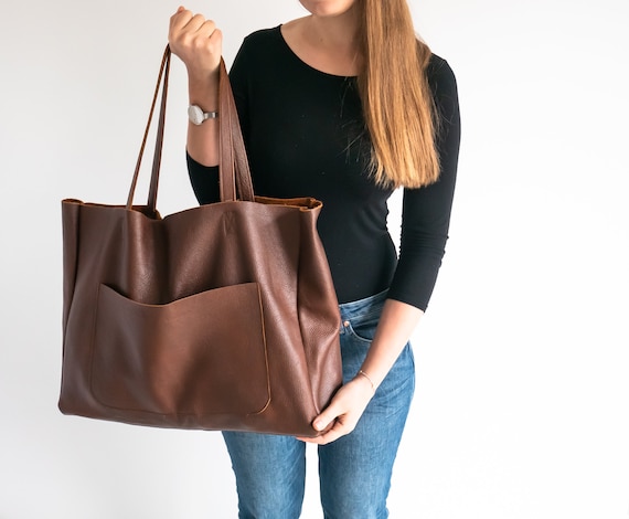 Brown Full Grain Leather Big Shopper Bag Retro Tote Purse