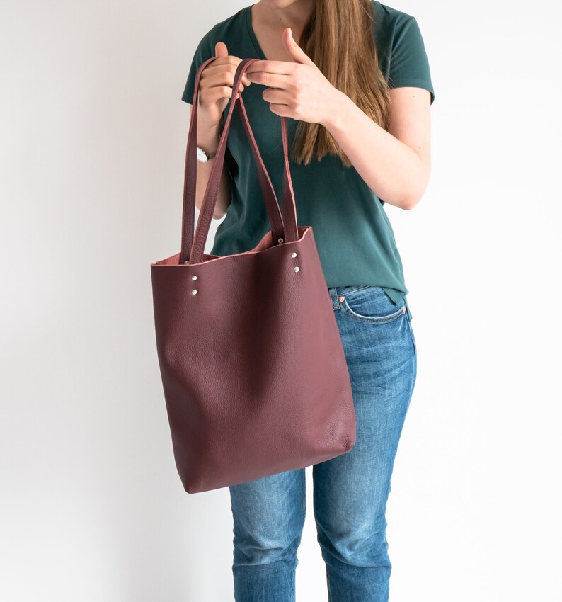 Burgundy LEATHER TOTE Bag - Red Leather Purse - Natural Leather Book Bag - Womens Tote bag - Leather Handbag - Tote Bag - Simple Bag image 7
