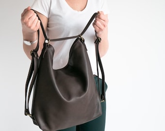CONVERTIBLE Backpack, DARK Brown Shoulder Bag, Brown Leather BACKPACK Handbag, Leather Hobo Bag, Crossbody Leather Purse, Leather Bag