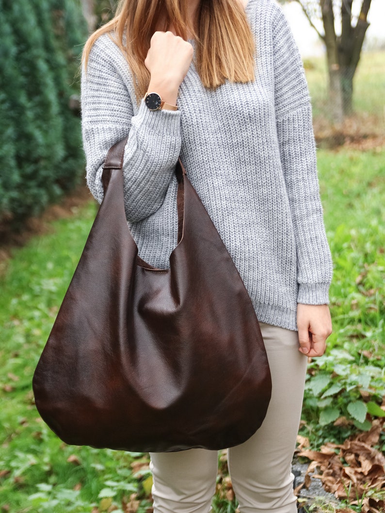 LEATHER HOBO Bag BROWN Oversize Shoulder Bag Everyday | Etsy