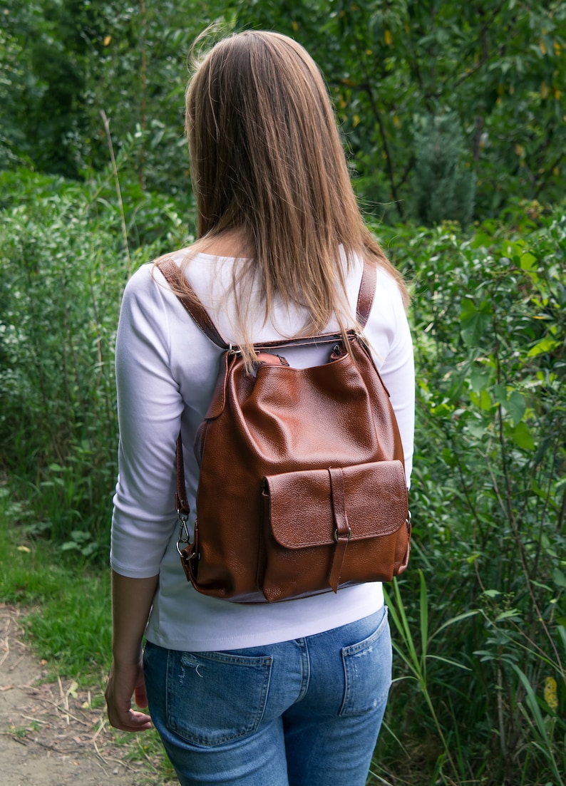 Leather Tote Bag School Bag Gift For Her Cognac Brown Convertible Backpack Leather Backpack Purse Laptop Backpack Leather Handbag