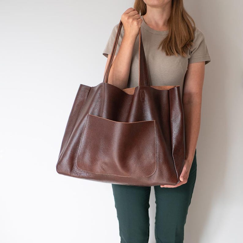 Borsa tote oversize in pelle marrone, borsa per la spesa, borsetta in pelle, borsa a tracolla grande, borsa tote in pelle per tutti i giorni, borsa tote extra large, marrone cognac immagine 6
