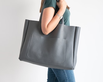 GRAY OVERSIZE Leather TOTE Bag, Shopping Bag, Leather Purse, Big Shoulder Bag, Leather Bag, Everyday Tote, Extra Large Tote, Gray Bag