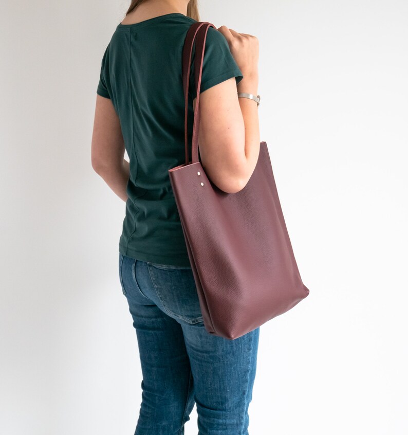 Burgundy LEATHER TOTE Bag - Red Leather Purse - Natural Leather Book Bag - Womens Tote bag - Leather Handbag - Tote Bag - Simple Bag image 5