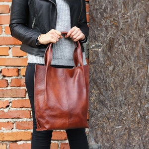 Cognac BROWN LEATHER TOTE Bag, Leather Shopper Bag, Large Tote Bag, Shoulder Bag, Leather Purse, Leather Tote, Large Handbag