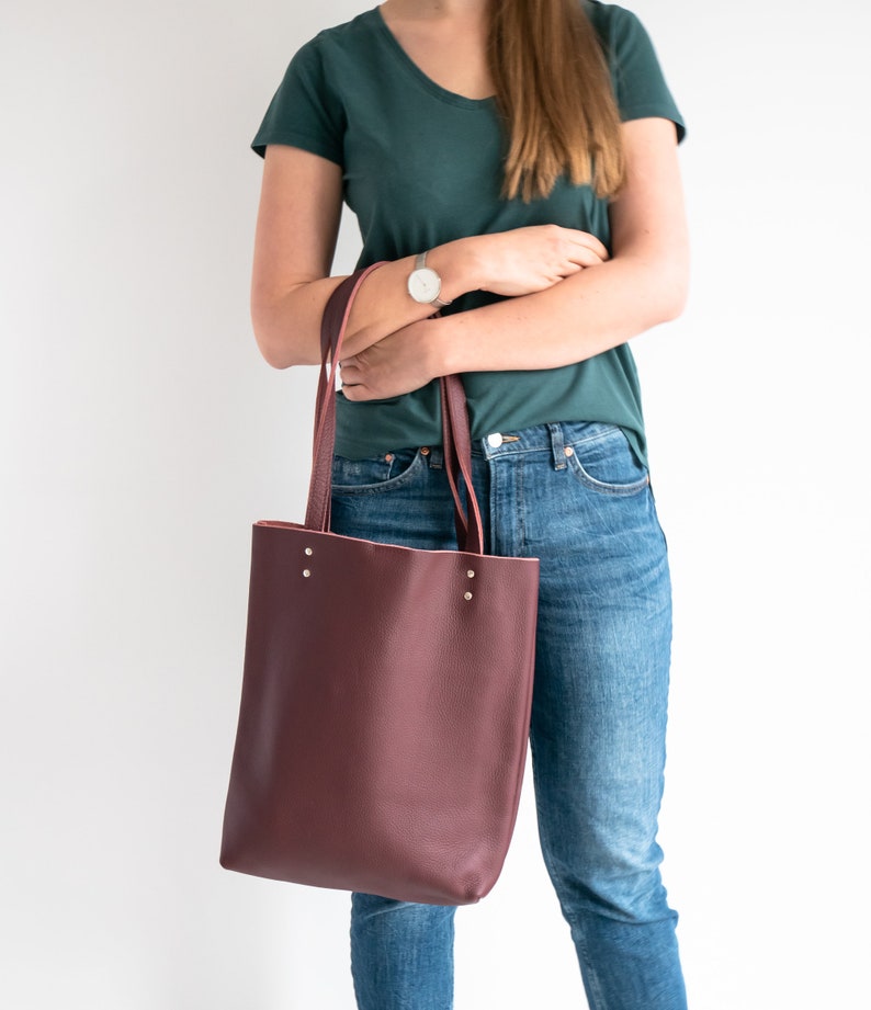 Burgundy LEATHER TOTE Bag - Red Leather Purse - Natural Leather Book Bag - Womens Tote bag - Leather Handbag - Tote Bag - Simple Bag image 10