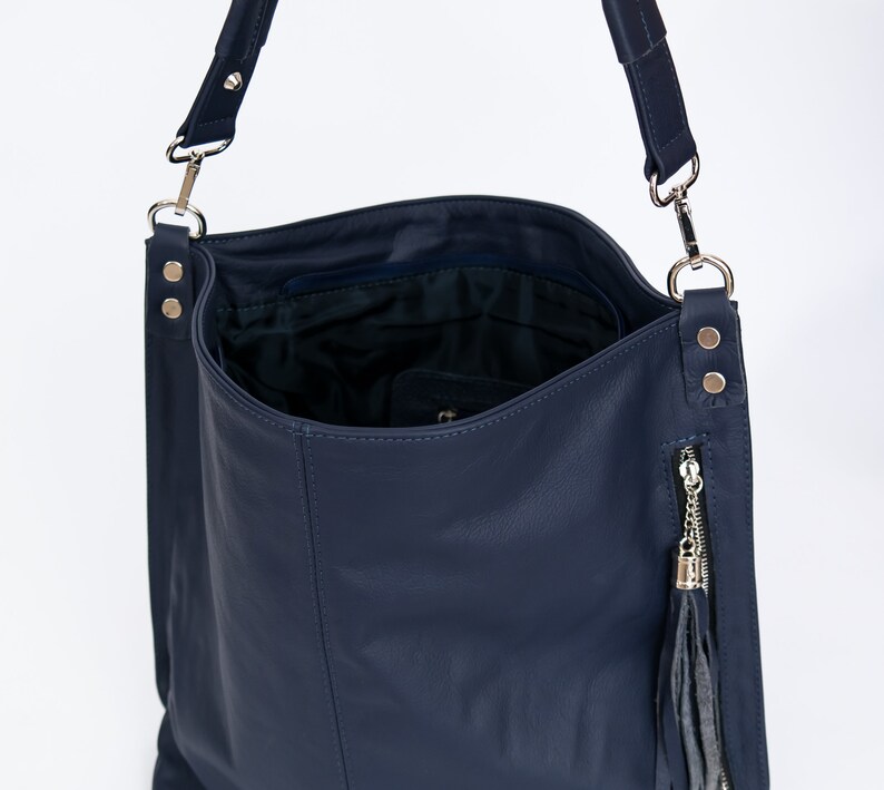 LEATHER HOBO BAG, Navy Blue Leather Handbag, Everyday Tote, Crossbody Bag, Leather Shoulder Bag, Leather Tassel Bag, Fringe Hobo Bag Tote zdjęcie 6