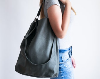 Oversize Shopper Bag, Gray Leather Tote, Leather Tote bag, Leather Bag, Dark Gray Tote Bag, Leather Book Bag, Womens Tote Bag, Big Purse