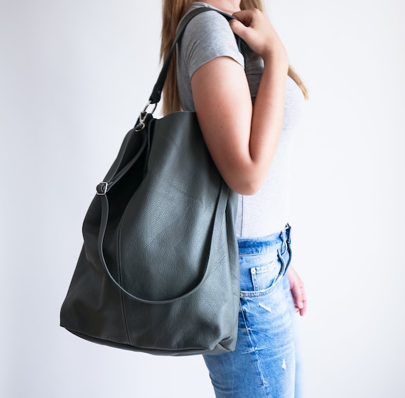 Oversize Shopper Bag, Gray Leather Tote, Leather Tote Bag, Leather Bag, Dark Gray Tote Bag, Leather Book Bag, Womens Tote Bag, Big Purse