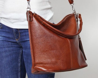 Leather Shopping Bag, Cognac Brown Leather Handbag, Everyday Tote Bag, Crossbody Bag, Leather Shoulder Bag, Leather Tassel Bag