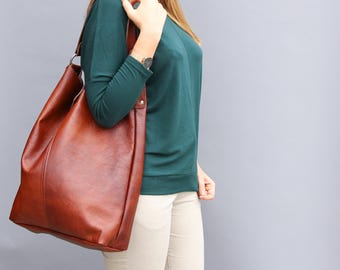 Large Shopper, Leather Tote Bag, Cognac Brown Large Tote, Shopper Bag, XXL Handbag, Brown Shopper, Leather Handbag