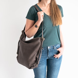 Sac à dos convertible gris-brun, sac à main en cuir, sac à bandoulière, sac hobo en cuir effet vieilli, sac à main en cuir bandoulière, cartable