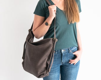 Gray-Brown CONVERTIBLE Backpack, Leather BACKPACK PURSE, Shoulder Bag, Distressed Leather Hobo Bag, Crossbody Leather Handbag, School Bag