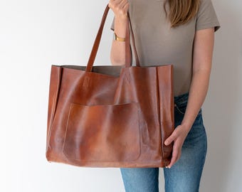 LARGE SHOULDER Bag, COGNAC Brown Oversize Leather Bag, Large Leather Tote, Everyday Leather Women Purse, Big Shoulder Bag, Brown Handbag
