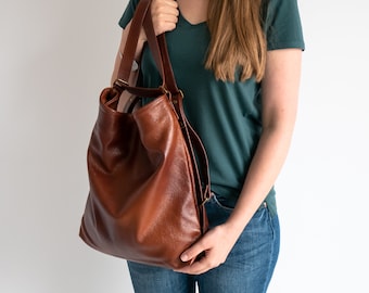 CONVERTIBLE Backpack, Cognac Brown Shoulder Bag, Distressed Leather BACKPACK Handbag, Leather Hobo Bag, Crossbody Leather Purse, Bag