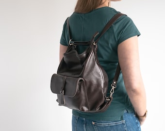DARK Brown Convertible Backpack, 2 in 1 Leather Backpack Purse, Leather Tote Bag, Laptop Backpack, Chocolate Leather Handbag, School Bag