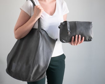 Gray OVERSIZE Tote Bag - Gray Leather SHOPPER Bag - Oversized Tote, Big Shoulder Bag - Travel Bag - Shopping Bag - Everyday Purse