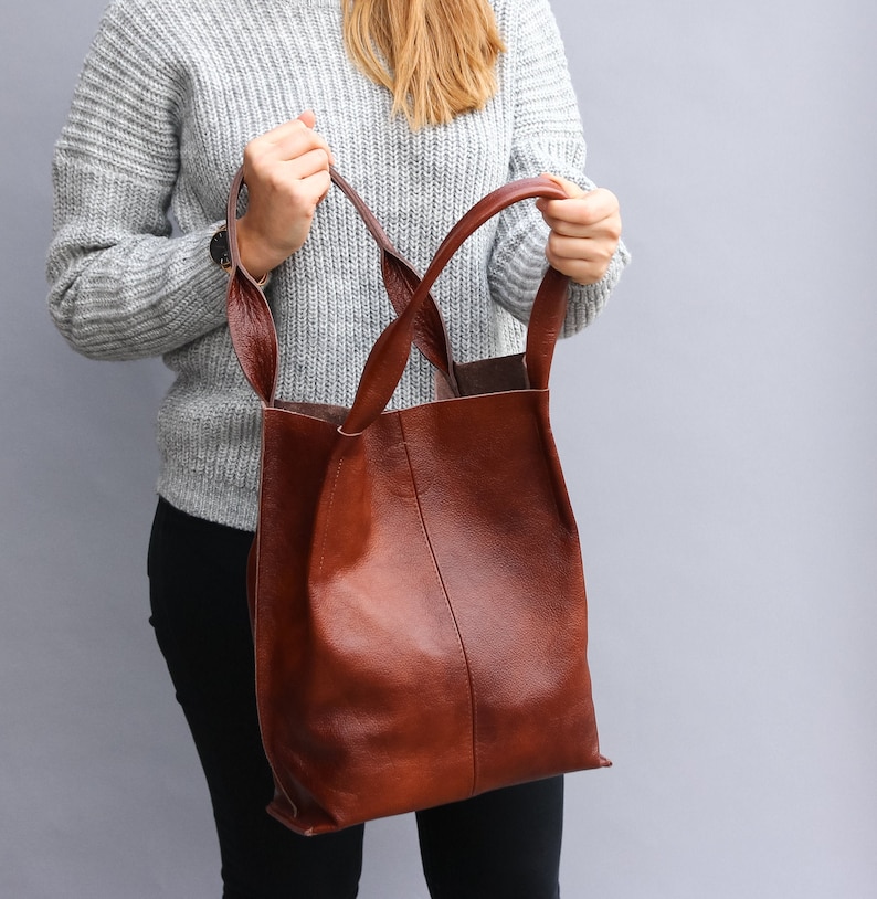 Cognac BROWN LEATHER SHOULDER Bag Leather Shopper Bag Large Etsy