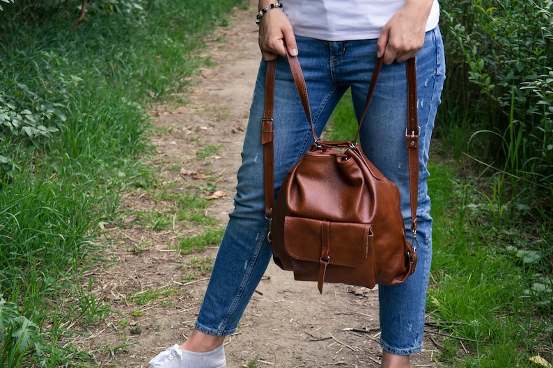 Leather Tote Bag School Bag Gift For Her Cognac Brown Convertible Backpack Leather Backpack Purse Laptop Backpack Leather Handbag