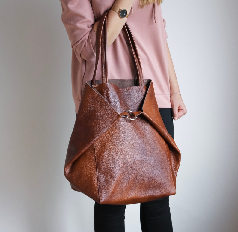 Cognac BROWN OVERSIZE SHOPPER Bag Large Leather Tote Bag Big Shoulder Bag, Travel Bag, Shopping Bag Oversized Tote Everyday Purse image 3