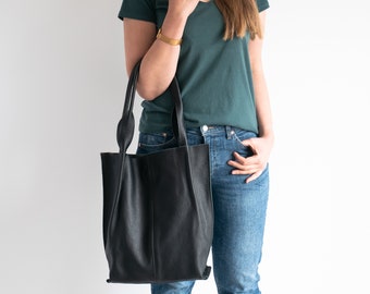 Leather Shopper Bag, Leather Tote Bag, Large Tote Bag, Large Handbag, Shoulder Bag, Leather Purse, Gift For Her, Black Leather Tote