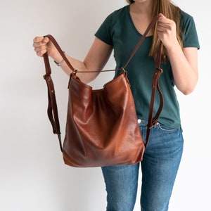 Cognac Brown CONVERTIBLE Backpack, Brown Leather BACKPACK PURSE, Shoulder Bag, Distressed Leather Hobo Bag, Crossbody Leather Handbag