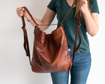 Cognac Brown CONVERTIBLE Backpack, Brown Leather BACKPACK PURSE, Shoulder Bag, Distressed Leather Hobo Bag, Crossbody Leather Handbag